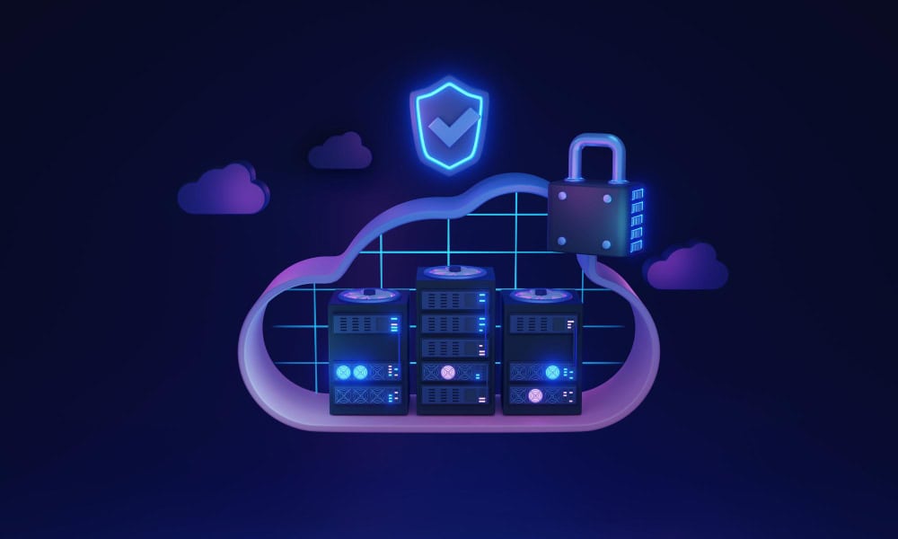 Hopp Solutions illustration of secure cloud architecture with servers, a lock, and a shield.