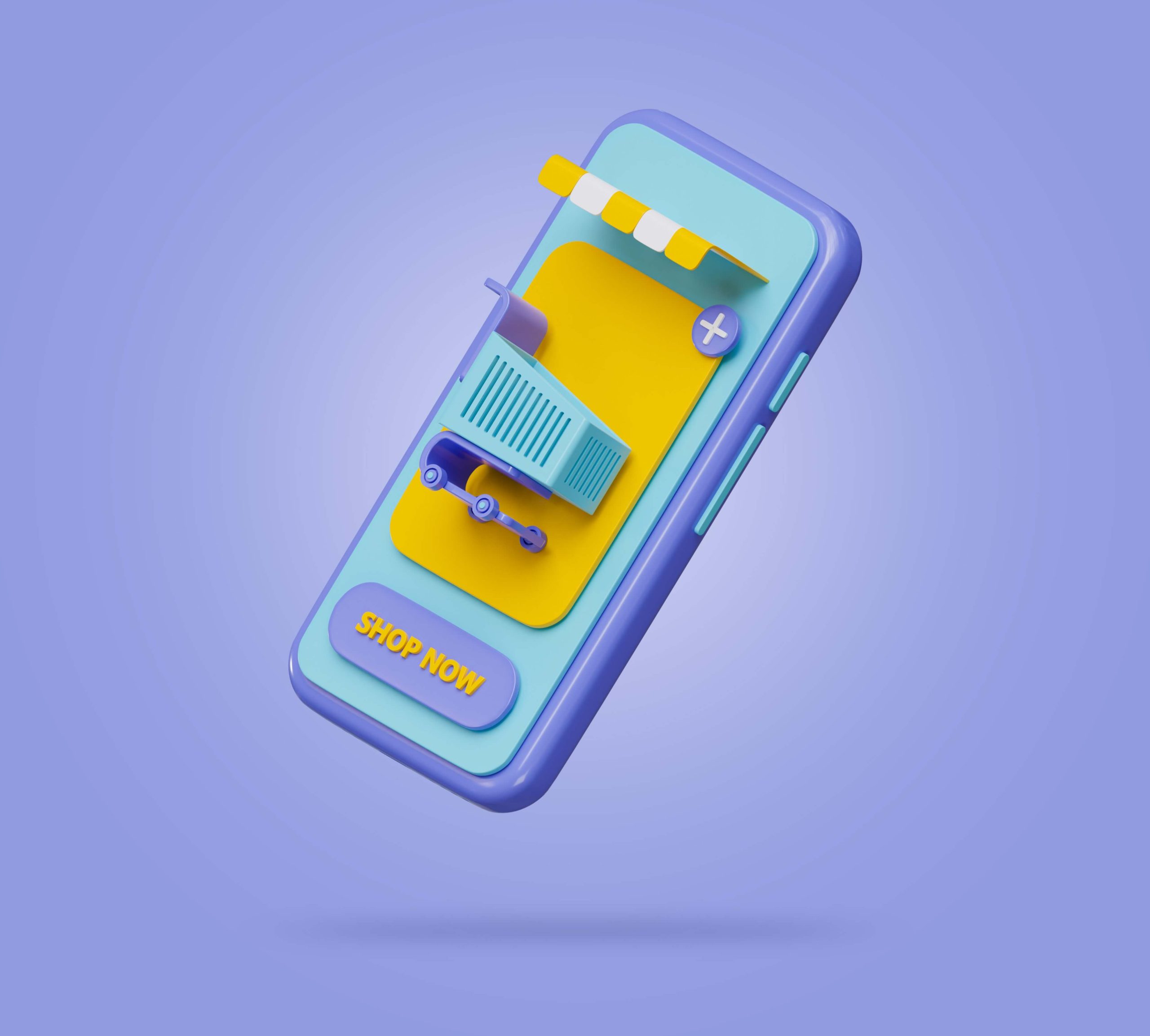 A mobile phone displays an e-commerce website with a vibrant product page and a prominent 'Shop Now' button, showcasing seamless mobile shopping design.